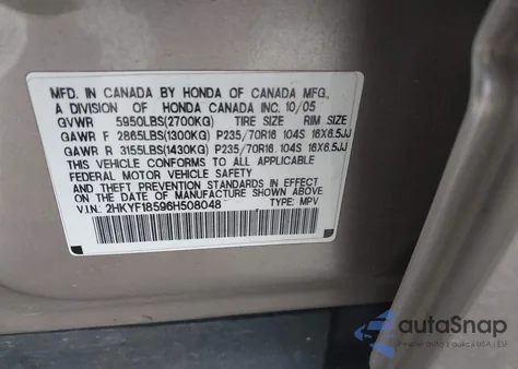 2006 Honda Pilot Ex-L z USA, uszkodzony, nr VIN 2HKYF18596H508048